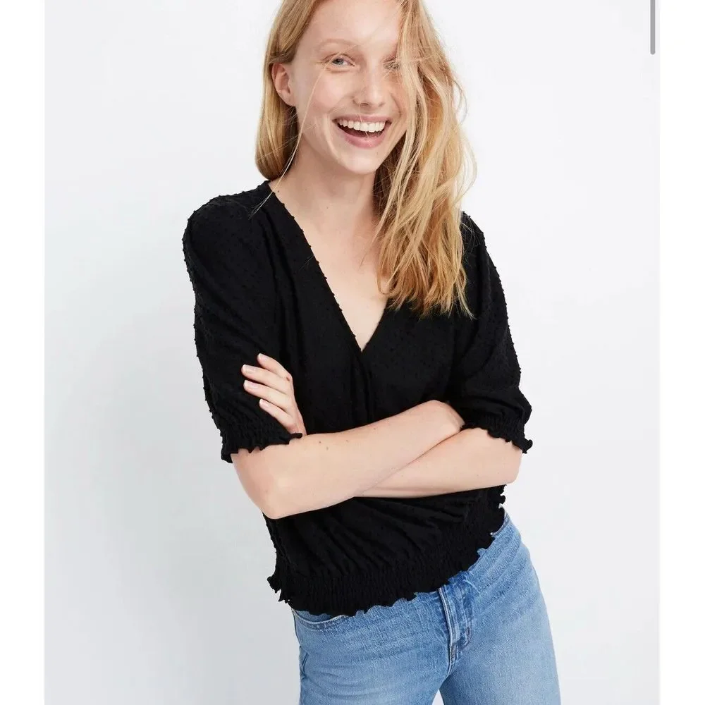 Madewell Texture &‎ Thread Black Clipdot Smocked Crossover Top Size Medium $55